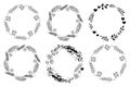 Set of monochrome circle frames. Doodle leaf, flowers and berry wreaths. Ready templates for design, postcards, printing.