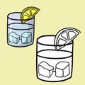 A set of monochrome and color images. Glass glass with lemon and ice cubes, vector cartoon illustration close-up