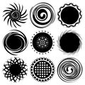 Set of monochrome different black suns isolated on white background