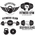 Set of monochrome fitness emblems, labels, badges, logos and designed elements. Vintage gym logo templates Royalty Free Stock Photo