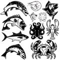 Set of monochrome freshwater and marine fish and shellfish