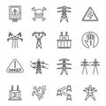 Set of monochrome high voltage transmission line icon vector electric and power engineer industry Royalty Free Stock Photo