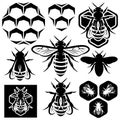 Set of monochrome honey emblems and design elements. Honeycombs, bees silhouettes