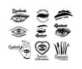 Set of Monochrome Icons for Eyelashes Extension, Eyebrow Bar Service. Black and White Eyes with Long Lashes