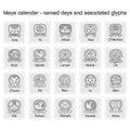 Set of monochrome icons with Maya calendar named days and associated glyphs