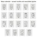 Set of monochrome icons with Maya calendar named month and associated glyphs Royalty Free Stock Photo