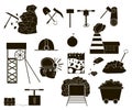 Set of monochrome icons of mining industry: tools, mine, coal, helmet, dynamite. Coal mining. Extraction of minerals Royalty Free Stock Photo