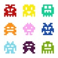 Set of monochrome icons with pixel monsters