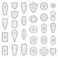 Set of monochrome images of medieval shields and bucklers drawn by lines.
