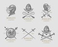 Set of monochrome knights emblems, badges, labels and logos medieval helmet, swords, mace, daggers shield antique Royalty Free Stock Photo