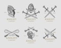 Set of monochrome knights emblems, badges, labels and logos medieval helmet, swords, mace, daggers shield antique Royalty Free Stock Photo