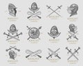 Set of monochrome knights emblems, badges, labels and logos medieval helmet, swords, mace, daggers shield antique Royalty Free Stock Photo