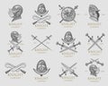 Set of monochrome knights emblems, badges, labels and logos medieval helmet, swords, mace, daggers shield antique