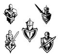 Set of monochrome knights emblems, badges, labels and logos medieval helmet, swords, mace, daggers shield antique
