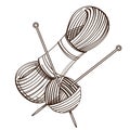Set of monochrome knitting threads and clew with knitting needles. Illustration isolated on white background