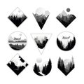 Set of monochrome landscapes in geometric shapes circle, triangle, rhombus. Natural sceneries with wild pine forests Royalty Free Stock Photo