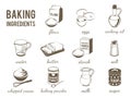 Set of monochrome, lineart food icons: baking ingredients.