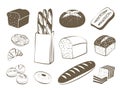 Set of monochrome, lineart food icons: bread - rye bread, ciabatta, wheat bread, whole grain bread, bagel, sliced bread, french ba Royalty Free Stock Photo