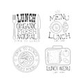 Vector set of monochrome logos for lunch menu. Sketch style emblems with tasty food, coffee cup, fork and knife