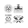 Set of monochrome logos for repairing companies with working tools and text. Vector emblems for plumbing and home