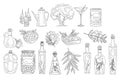 Set of monochrome olives, branches, various oil bottles and bowls. Natural product. Sketch style icons. Hand drawn Royalty Free Stock Photo