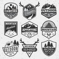 Set of monochrome outdoor camping adventure and mountain badge
