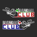 Set of monochrome paintball logos, emblems and icons. Indoor and outdoor paintball club elements. Shooting man with gun