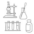 A set of monochrome pictures, a coloring book. Collection of chemical devices, a large burner on a stand