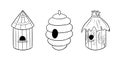 A set of monochrome pictures, a house for bees, a collection of honey, a vector illustration in cartoon style