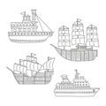 Set of monochrome vector doodle boats and ships isolated on white background