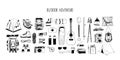 Set of monochrome vector elements isolated on white. Hiking gear for camping trips. Backpack, boots, tent, sleeping bag