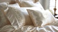 A set of monogrammed pillowcases resting on top of matching silk pillow shams giving a personal touch to the luxurious