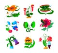 Set of Monster Plants Icons, Dangerous Tropical Flowers, Alien Creatures with Sharp Teeth and Poisonous Saliva