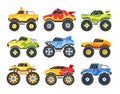 Set Of Monster Trucks, Adorned With Vibrant Colors And Graphics, Revs Their Engines Ready To Take On The Challenge Royalty Free Stock Photo