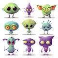 Cute cartoon monsters alien set. Comic halloween joyful monster characters. Funny devil, ugly alien and smile creature flat vector Royalty Free Stock Photo