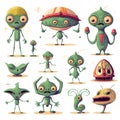 Cute cartoon monsters alien set. Comic halloween joyful monster characters. Funny devil, ugly alien and smile creature flat vector