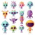Cute cartoon monsters alien set. Comic halloween joyful monster characters. Funny devil, ugly alien and smile creature flat vector Royalty Free Stock Photo
