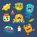 Set of monsters with elements. Cartoon funny isolated characters. Icons for design of postcards, posters, books. Vector Royalty Free Stock Photo