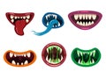 Set Monsters mouths creepy and scary. Funny jaws teeths tongue creatures expression monster horror saliva slime. Vector