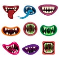Set Monsters mouths creepy and scary. Funny jaws teeths tongue creatures expression monster horror saliva slime. Vector