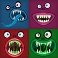 Set Monsters mouths creepy and scary Halloween. Funny jaws teeths tongue creatures expression monster horror drool slime