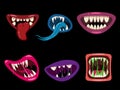 Set Monsters mouths creepy and scary Halloween. Funny jaws teeths tongue creatures expression monster horror saliva