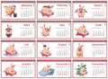 Set of monthly calendars for 2019 with the image of a pig