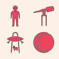 Set Moon, Alien, Telescope and UFO abducts cow icon. Vector Royalty Free Stock Photo