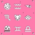 Set Moon, Aquarius zodiac, Comet falling down fast, Scorpio, Rat, Monkey, Magic ball and Gemini icon. Vector