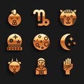 Set Moon, Astrology woman, Palmistry of the hand, stars, Aries zodiac, Magic ball, Tiger and Rooster icon. Vector