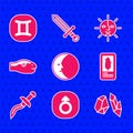 Set Moon, Mars, Magic stone, Tarot cards, Dagger, Snake, Sun and Gemini zodiac icon. Vector
