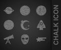 Set Moon and stars, Alien, Falling, Rocket ship, Telescope, Planet, Earth globe and Saturn icon. Vector