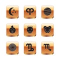 Set Moon and stars, Astrology horoscope circle, Capricorn zodiac, Ox, Rooster, Planet Jupiter, Scorpio and Aries icon