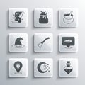 Set Moon and stars, Bottle with potion, Magic stone, Witches broom, hat, scroll and cauldron icon. Vector Royalty Free Stock Photo